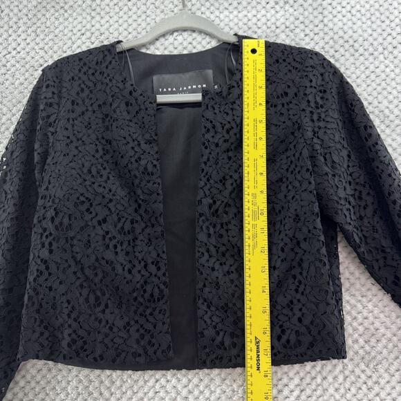 Tara Jarmon Cardigan Women 38 Black Lace Eye Lash Open Front Cropped Crew Neck - Picture 8 of 12